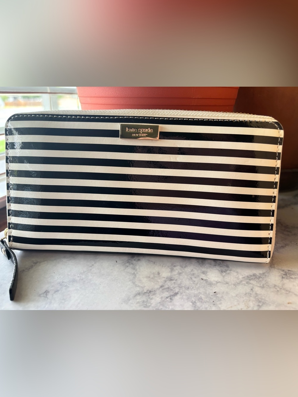 kate spade Black and White Striped Zip-Around Wallet